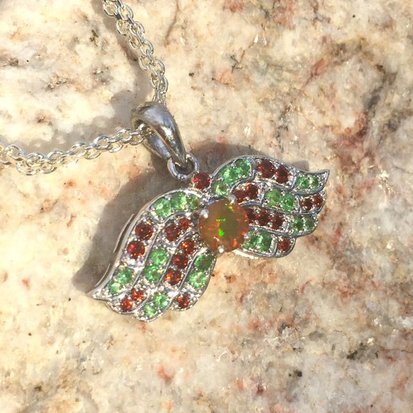 .925 Silver Opal, Tsavorite & Red Garnet Wings Pendant Angel Natural - Picture 13 of 16